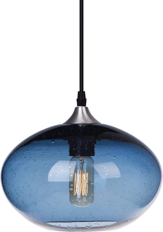 Photo 1 of ARIAMOTION Pendant Lighting for Kitchen Island Blue Glass Modern Hanging Light Fixtures Seeded Bubble Over Sink 9.5 Inch Diam
