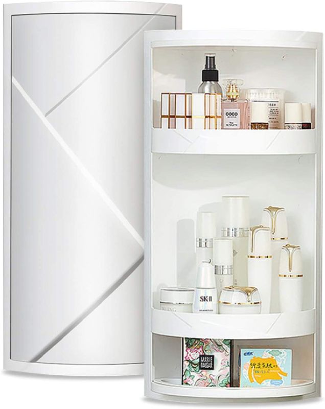 Photo 1 of Bathroom Storage Corner Vanity Cabinet 24"x8.75"x8.75" Space Saver Rotating Organizer - 2-Tiered Storage Cabinet Countertop Storage or Wall Shelf - White Corner Shelf - Hidden Storage Rack
