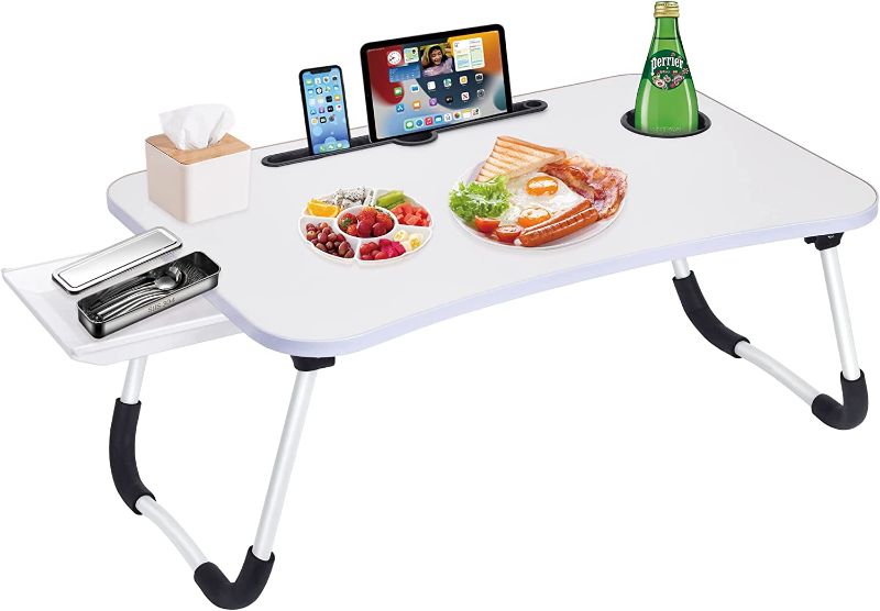 Photo 1 of Laptop Bed Desk Table Tray Stand with Cup Holder/Drawer for Bed/Sofa/Couch/Study/Reading/Writing On Low Sitting Floor Large Portable Foldable Lap Desk Bed Trays for Eating and laptops(White)
