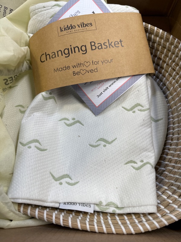 Photo 3 of Baby Changing Basket - with Thick Pad & 3 Waterproof Bamboo Jacquard Covers. Organic Seagrass Moses Basket for Babies - CPSC Compliant, Premium Changing Table Topper - Unique Boho Baby Decor Natural / White