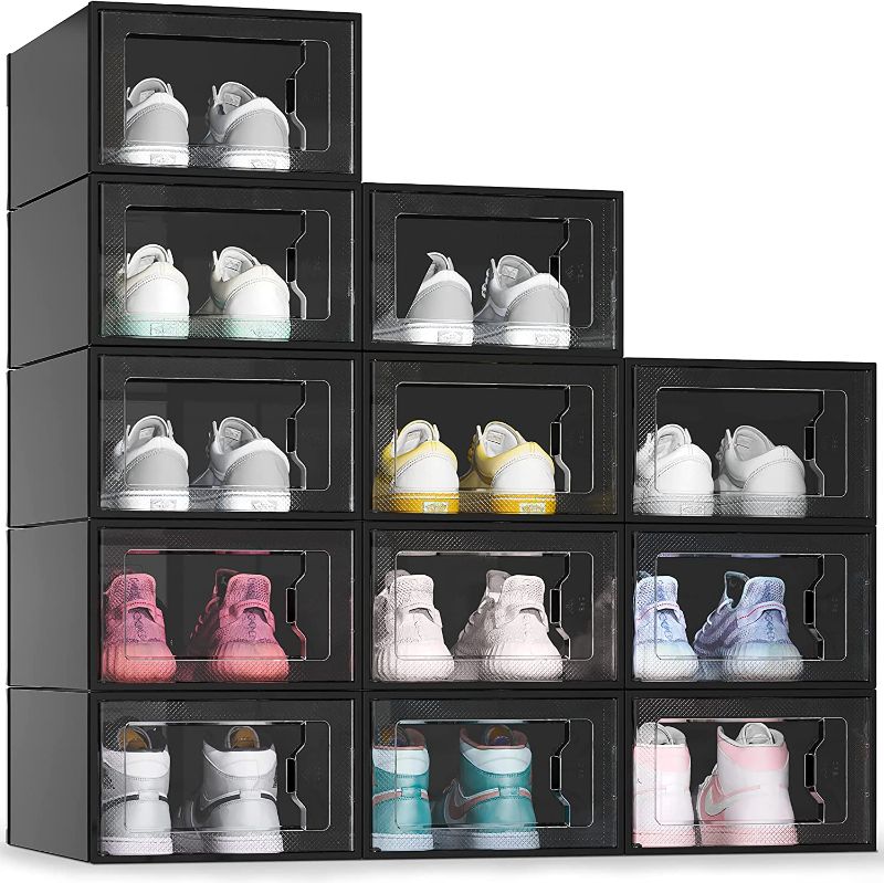 Photo 1 of  Large 12 Pack Shoe Storage Box, Black Plastic Stackable Shoe Organizer for Closet, Space Saving Foldable Sneaker Containers Bins Holders Racks (Obsidian Black)
