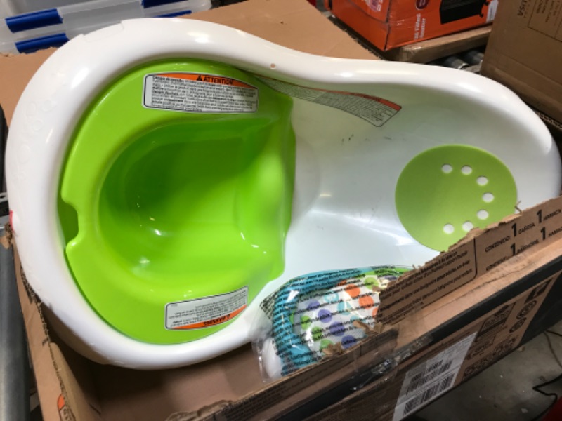 Photo 2 of Fisher-Price Baby Bath Tub, 4-in-1 Newborn to Toddler Tub with Infant Seat Bath Toys and Sling ‘n Seat Tub, Green Green - Frustration Free Package USED HAS SMALL SCUFFS INSIDE 