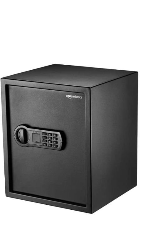 Photo 1 of Amazon Basics Steel Home Security Safe with Programmable Keypad - 1.52 Cubic Feet, 13.8 x 13 x 16.5 Inches, Black & 8-Sheet Capacity, Cross-Cut Paper and Credit Card Shredder, 4.1 Gallon 1.52 Cubic Feet Keypad Lock + Shredder, 4.1 Gallon HAS SCUFF MARKS 