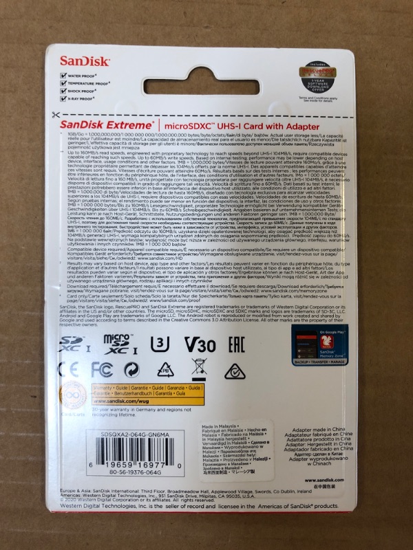 Photo 1 of SanDisk 64GB Extreme microSDXC UHS-I Memory Card with Adapter - Up to 160MB/s, C10, U3, V30, 4K, A2, Micro SD - SDSQXA2-064G-GN6MA Card Only 64GB