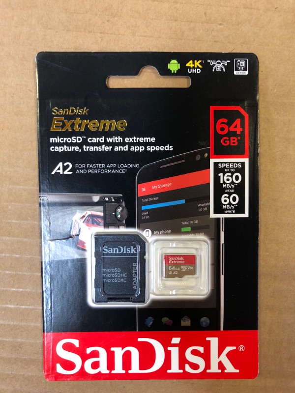 Photo 2 of SanDisk 64GB Extreme microSDXC UHS-I Memory Card with Adapter - Up to 160MB/s, C10, U3, V30, 4K, A2, Micro SD - SDSQXA2-064G-GN6MA Card Only 64GB