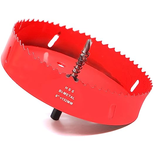 Photo 1 of 6 Inch Hole Saw for Wood, 152mm HSS BI-Metal Hole Saw for Recessed Lighting, 32mm Cutting Depth Hole Cutter with Hex Shank Drill Bit Adapter for Cornhole Boards Plastic Drywall Fiberboard, Red