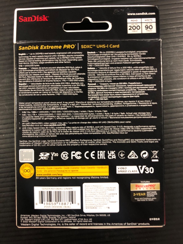 Photo 3 of SanDisk 64GB Extreme PRO SDXC UHS-I Memory Card - C10, U3, V30, 4K UHD, SD Card - SDSDXXU-064G-GN4IN 64GB Memory Card Only