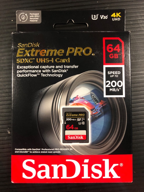 Photo 2 of SanDisk 64GB Extreme PRO SDXC UHS-I Memory Card - C10, U3, V30, 4K UHD, SD Card - SDSDXXU-064G-GN4IN 64GB Memory Card Only