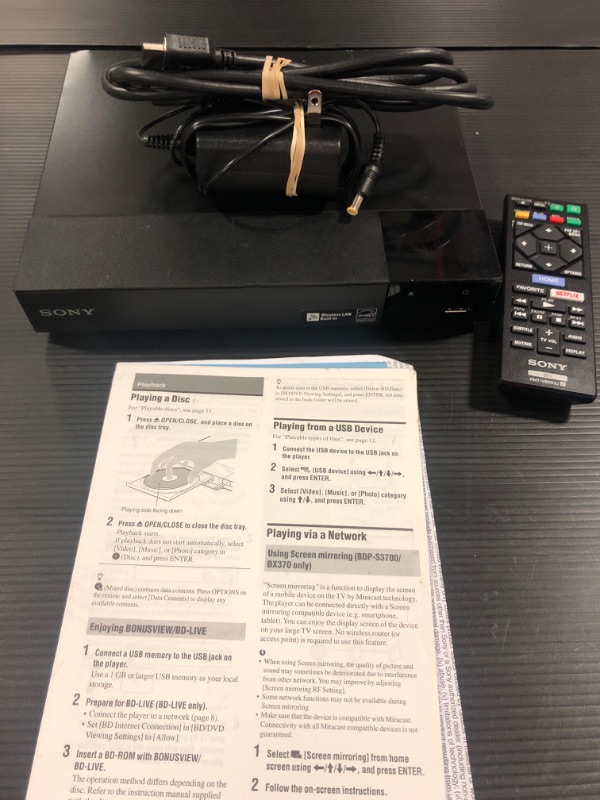 Photo 1 of Sony BDP-BX370 Blu-ray Disc Player with built-in Wi-Fi and HDMI cable