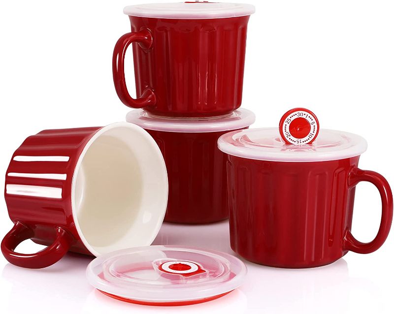 Photo 1 of 4 Pack Porcelain Large Meal Mugs, 20 OZ Ceramic Soup Bowl with Lid and Handle, Campbells Mug for Noodle, Porridge, Oats ( Vintage Red ) 