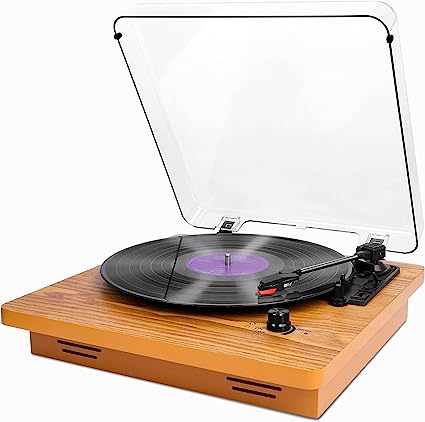 Photo 1 of VQSLY Record Player, Vintage Vinyl Turntable for Records, Dual Built-in Stereo Speakers and Belt-Driven, Aux-in, RCA, 3 Speed 33/45/78 RPM, Natural Wood
