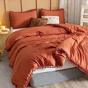 Photo 1 of YIRDDEO Terracotta Comforter Queen Set 3pcs Boho Ball Pom Pom Bedding, Aesthetic Burnt Orange Comforter Queen Sized Bed Set Rust Comforter Solid Color Bed Set for Women Men (1 Comforter 2 Pillowcases)
