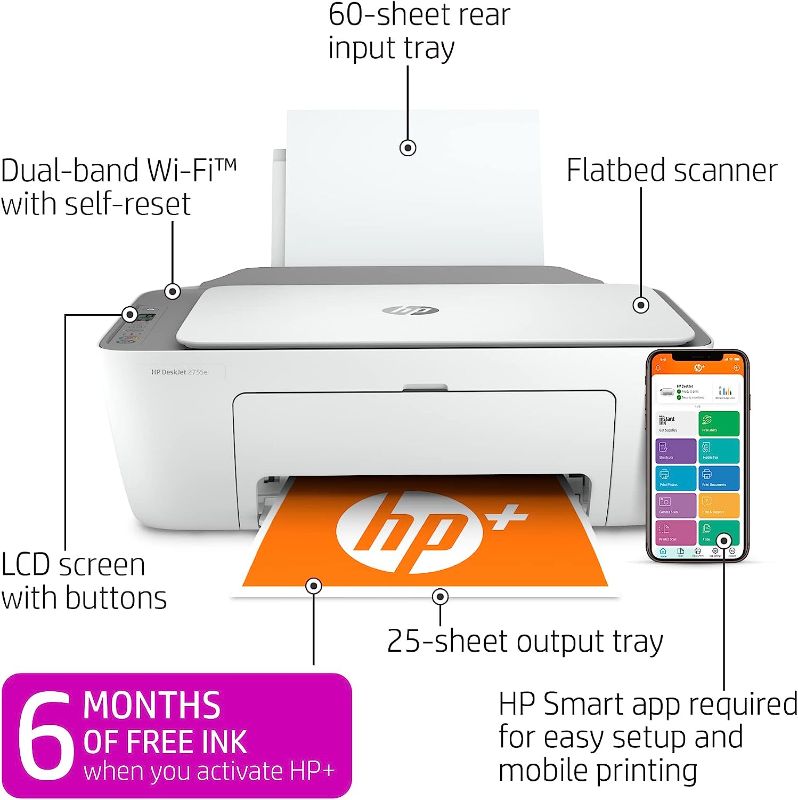 Photo 1 of HP DeskJet 2755e Wireless Color All-in-One Printer with bonus 6 months Instant Ink with HP+ (26K67A), white
