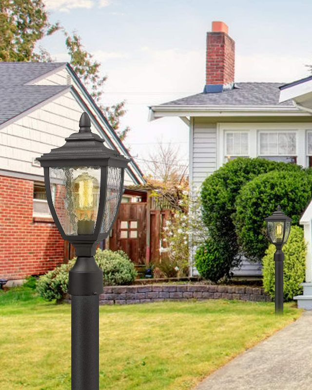 Photo 2 of .Beionxii Outdoor Post Lanterns, 19" H Large Exterior Lamp Post Light Fixture w/Pier Mount Base, Black Cast Aluminum w/Water Glass - A162P-2PK NEW 