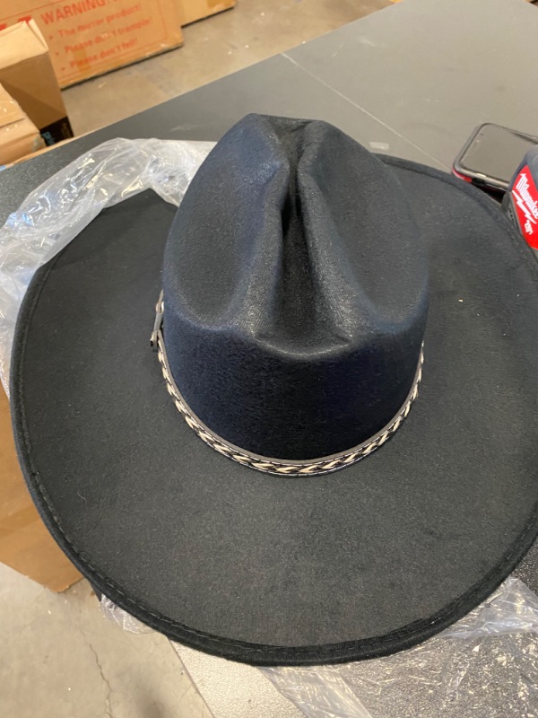 Photo 2 of Queue Essentials Western Style Pinch Front Straw Canvas Cowboy Cowgirl Straw Hat Felt Black Small-Medium NEW 