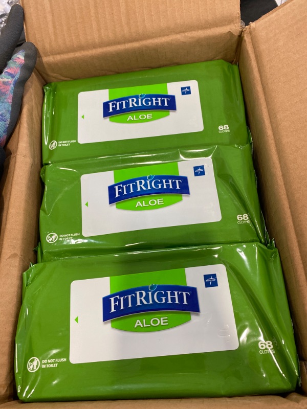 Photo 2 of FitRight Aloe Personal Cleansing Cloth Wipes, Scented, 8 x 10 inch Adult Large Incontinence Wipes, 68 count, pack of 12 NEW