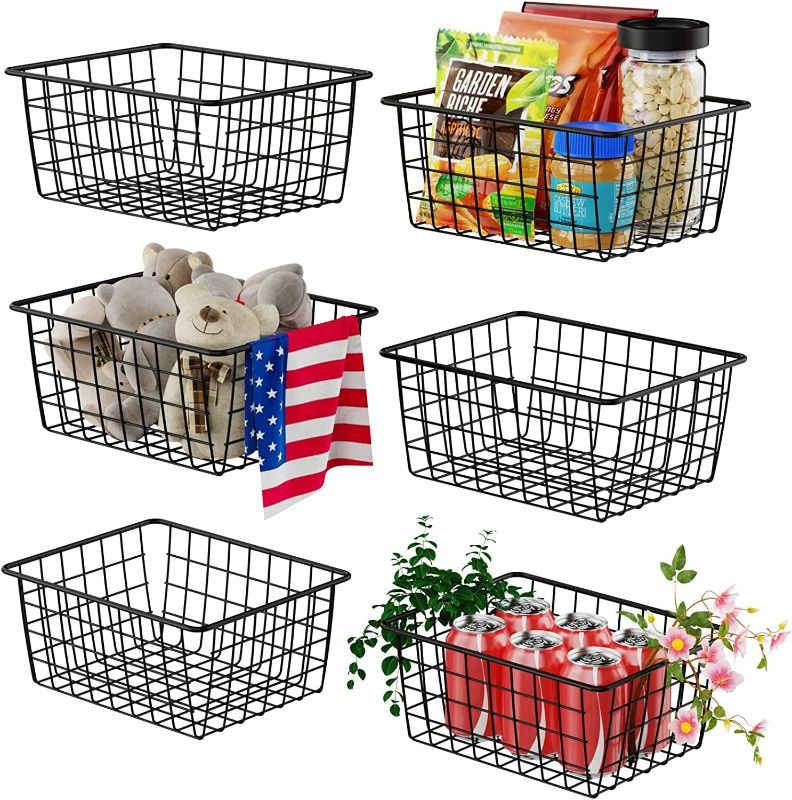 Photo 1 of Wire Baskets, Warmfill 6 Pack Wire Storage Baskets Pantry Organization and Storage Metal Baskets for Pantry Shelf Kitchen Bathroom, Black (Small) NEW