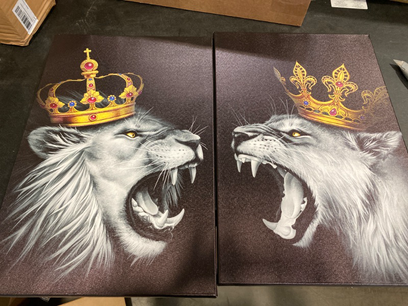 Photo 2 of Visual Art Decor 2 Pieces King Animal Lion and Lioness Canvas Wall Art Black and White Lion with Gold Crown Picture Artwork Giclee Print Gallery Wrap Home Decor Ready to Hang 16 x 24 inch x 2 pcs  NEW 