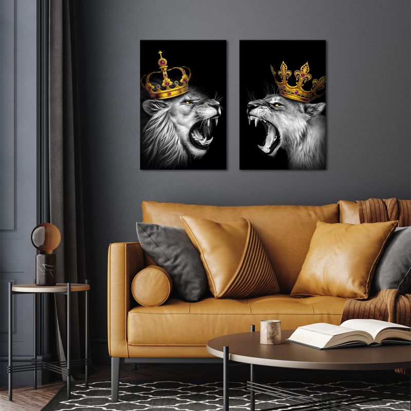 Photo 1 of Visual Art Decor 2 Pieces King Animal Lion and Lioness Canvas Wall Art Black and White Lion with Gold Crown Picture Artwork Giclee Print Gallery Wrap Home Decor Ready to Hang 16 x 24 inch x 2 pcs  NEW 