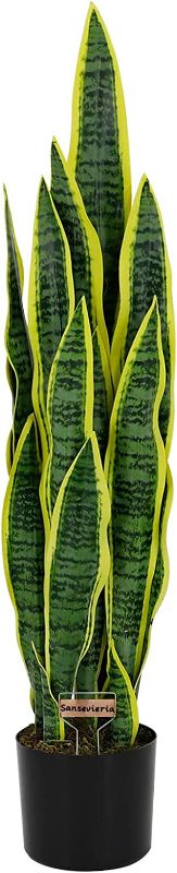 Photo 1 of  Artificial Snake Plant  Green Fake Sansevieria, Mini Plant with Black Plastic Planter Leaves for Home Office Farmhouse Indoor Decor (Yellow) NEW