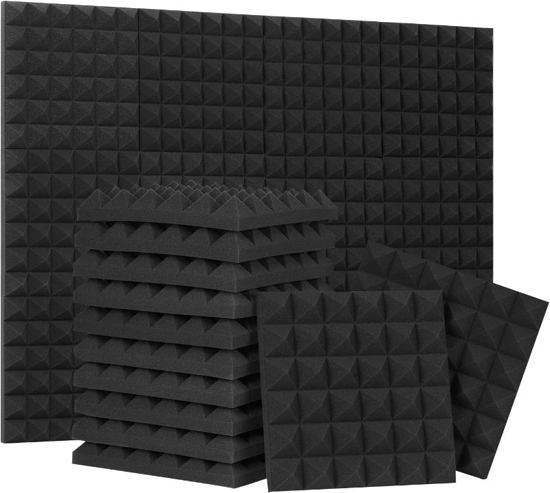 Photo 1 of 24 Pack-12 x 12  Inches Pyramid Designed Acoustic Foam Panels, Sound Proof Foam Panels Black, High Density and Fire Resistant Acoustic Panels, Sound