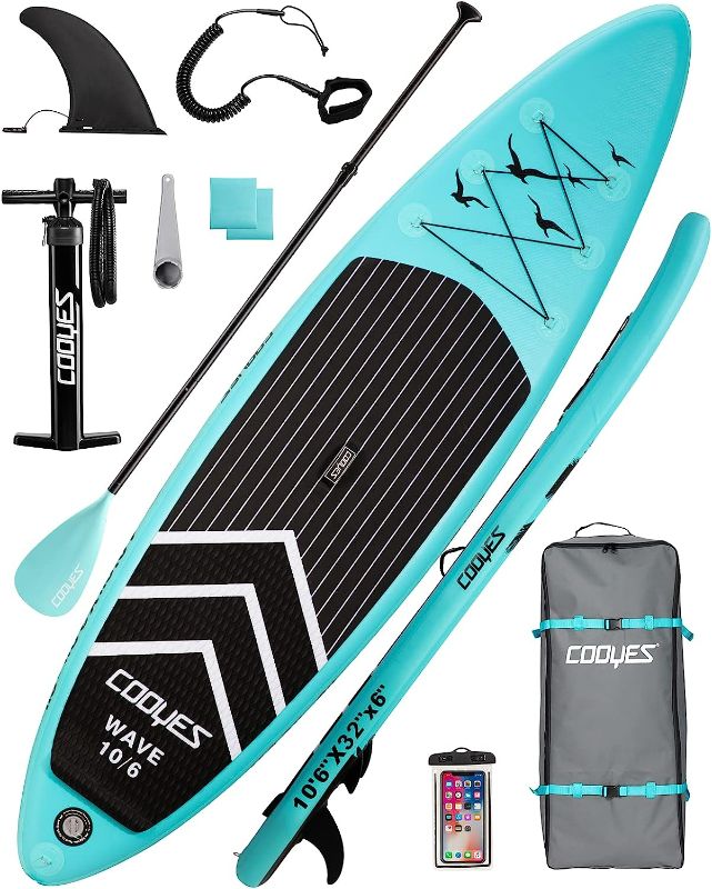 Photo 1 of Cooyes Paddle Board, 10ft/10.6ft Inflatable Paddle Board, Stand up Paddle Board with Premium SUP Accessories & Backpack, Emergency Repair Kit, Non-Slip Deck & More - Extra-Light ISUP 