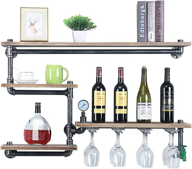 Photo 1 of NA Industrial Pipe Shelf Wine Racks with 4 Stem Glass Holder,Rustic Metal Floating Bar Shelves Wall Mounted,Pipe Shelving Wood Shelves Wine Holder  NEW