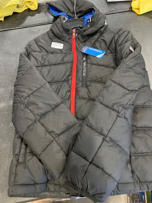 Photo 2 of Nautica Men's Water Resistant Jacket Long Sleeve Zip Up Adjustable Hood Quilted Coat Small Black NEW 