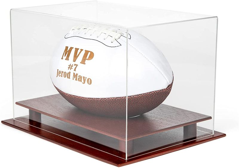 Photo 1 of DECOMIL - UV Protection Football Display Case Holder, All 4 Sides Visible, Solid Wood Base - Cherry Finish