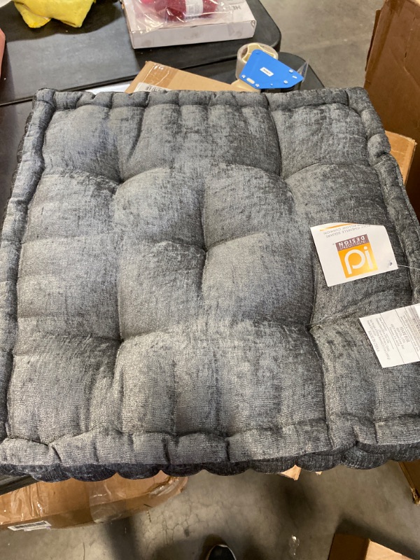 Photo 2 of Intelligent Design Azza Floor Pillow Square Pouf Chenille Tufted with Scalloped Edge Design Hypoallergenic Bench/Chair Cushion, 20"x20"x5", Charcoal 20"W x 20"L x5"H Azza Charcoal NEW 