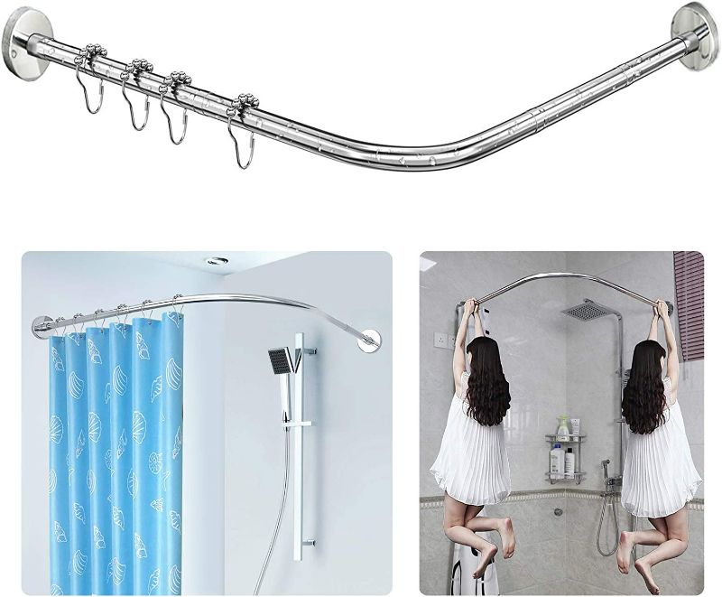Photo 1 of SIKAIQI Stretchable  Stainless L Shaped Bathroom Bathtub Corner Shower Curtain Rod Rack , Drill Free Install, for Bathroom, Clothing Store, Private space