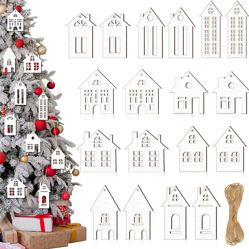 Photo 1 of 18 Pcs Wooden House Cutout Ornaments Christmas Tree Wooden House Shaped Embellishment Hanging Ornaments Double Side Wood House Crafts with Ropes for Gifts Christmas Tree Decor (White, Big) NEW