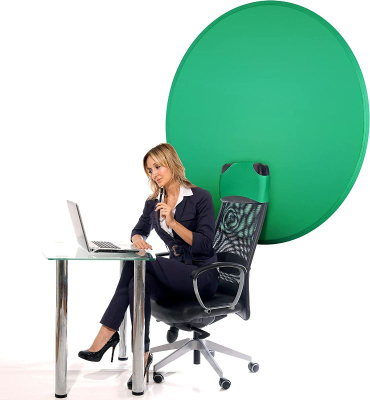 Photo 1 of Tahtiva Green Screen Background for Chair - Dual-Sided Portable Green Screen Chair Attachment - Circular Collapsible Chromakey Green Screen for Streaming, Online Work, Zoom Background, Home Office
