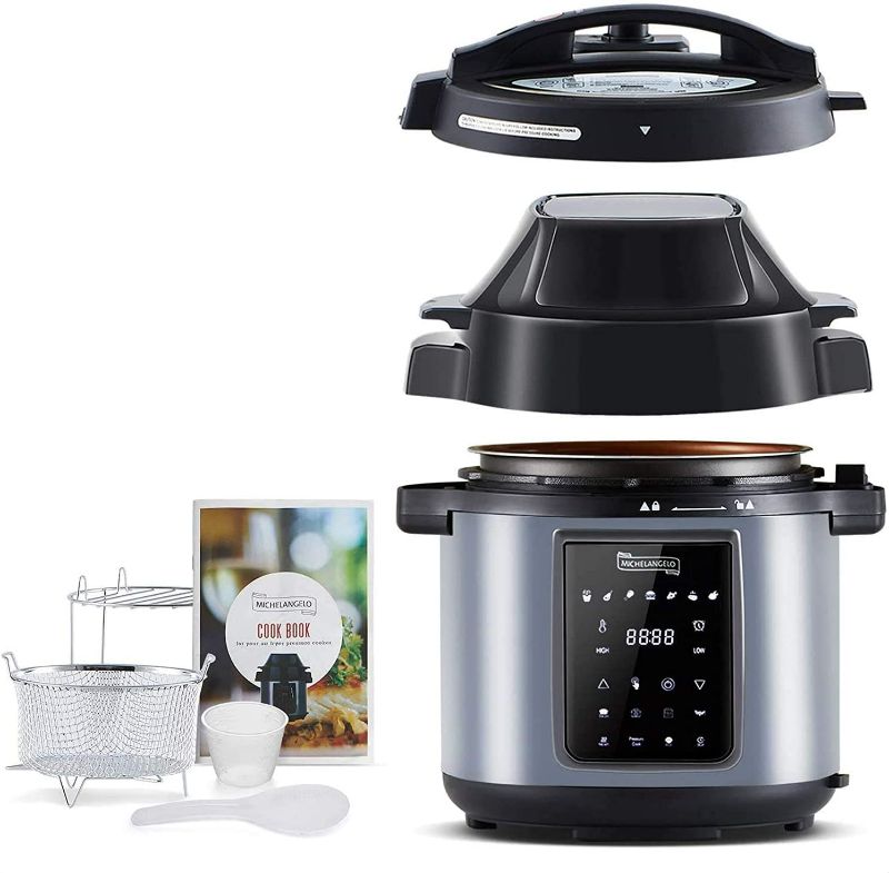 Photo 1 of MICHELANGELO Pressure Cooker Air Fryer Combo 6 Quart, All-in-1 Pressure Cooker with Air Fryer - Two Detachable Lids for Pressure Cooker, Pressure Fryer, Air Fryer, Saute Cooker, 6 Qt NEW 