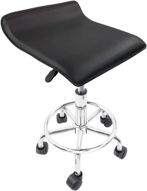 Photo 1 of KKTONER Square Height Adjustable Rolling Stool with Foot Rest PU Leather Seat Cushion Spa Drafting Salon Tattoo Work Swivel Office Stools Task Chair Seat Length: 15.5", Width: 15.2" (Black) NEW