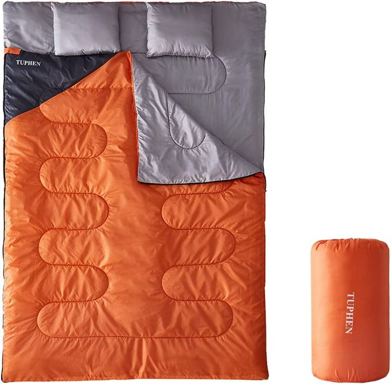 Photo 1 of  Double Sleeping Bag, Sleeping Bag with 2 Pillows, Queen Size XL Bag for 2 People, Cold Warm Weather- 3 Seasons, Waterproof Adults Sleeping Bag for Camping, Backpacking or Hiking