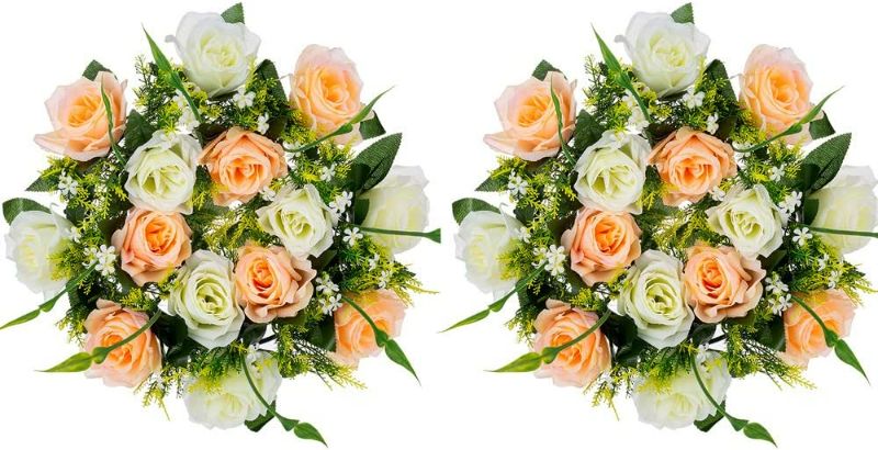 Photo 1 of NUPTIO 2 Pcs Artificial Silk Rose Flower Bouquet, 14 Heads Fake Roses with Plastic Base for Outdoor Front Door Indoor Party Wedding Wall Table or Window Décor(Champagne & White) NE W