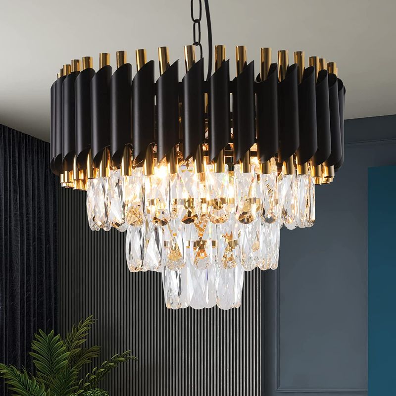 Photo 1 of Modern Crystal Chandeliers Gold Black Crystal Chandeliers 3-Tier Round Crystal Chandelier Ceiling Light Fixture Crystal Pendant Light Fixture for Dining Room Living Room Bedroom Foyer Hallway NEW 