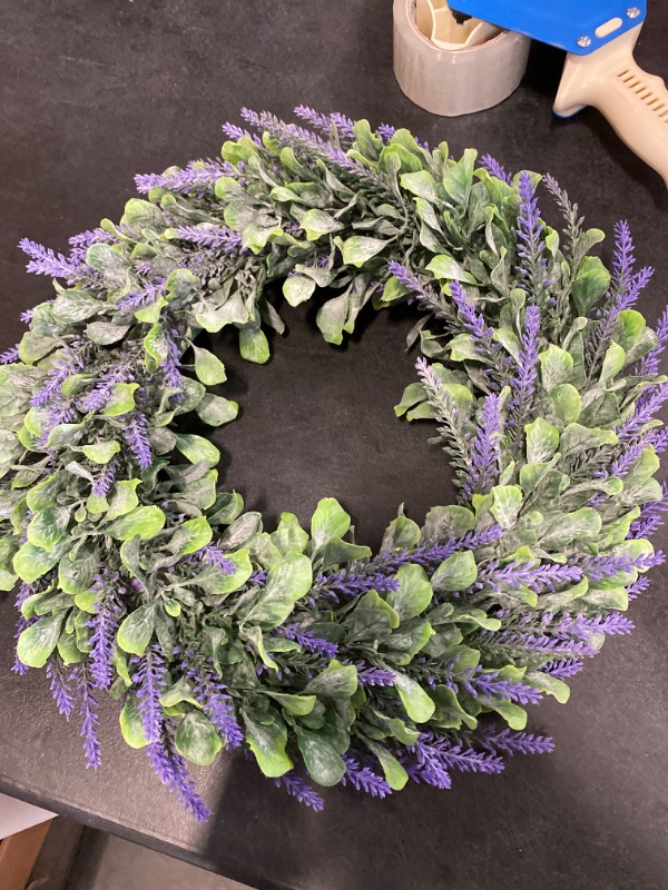 Photo 2 of Dolicer Artificial Lavender Wreath, Green Leaves Boxwood Wreath With Lavender Wreath Flowers Arrangements Lavender Spring Wreath