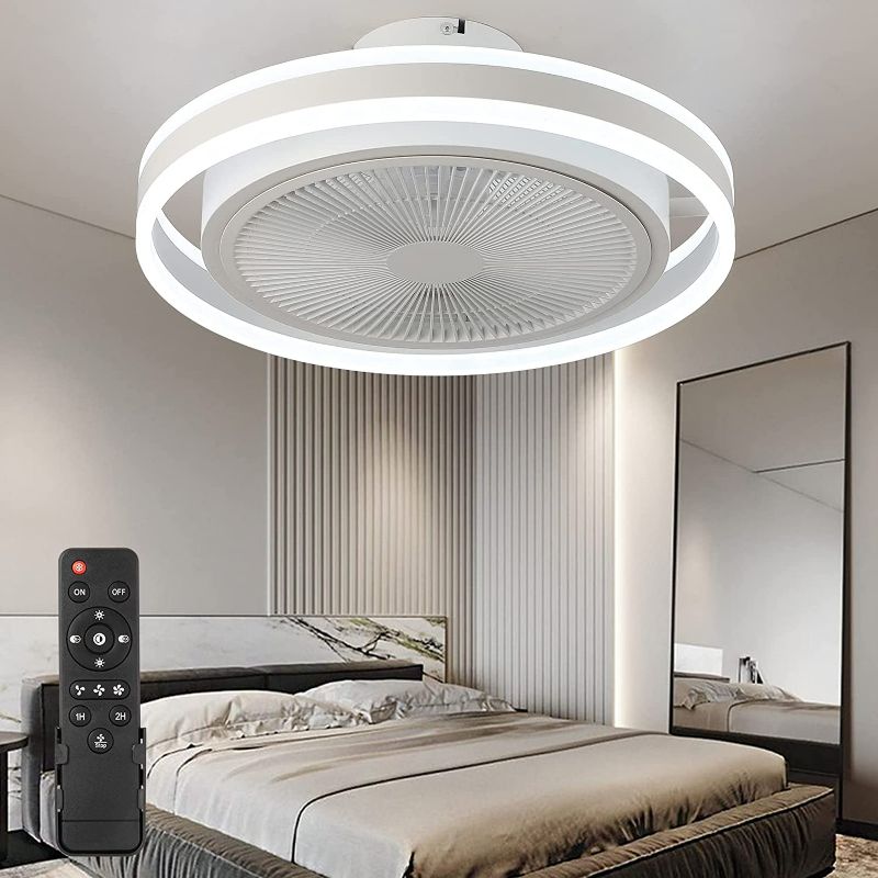 Photo 1 of HNWZD Low Profile Flush Mount Ceiling Fan 20" Bladeless Ceiling Fan with Lights Remote Control 72W Modern Enclosed Bedroom Ceiling Fan Light Kits Dimmable 3 Color 3 Speed for Kitchen,Living/Kids Room NEW 
