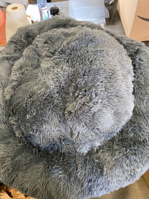 Photo 2 of Furhaven Round XL Donut Dog Bed Plush Long Faux Fur Calming Cuddler w/ Removable Washable Cover - Mist Gray, Jumbo