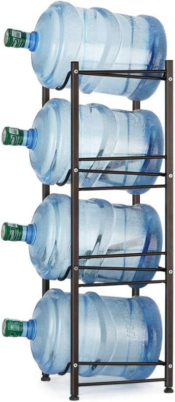 Photo 1 of Water Cooler Jug Rack 4-Tier Water Bottle Storage Rack 5 Gallon Jugs Water Detachable Heavy Duty Water Bottle Holder Shelf Save Spacer Easy to Assemble for Home Office Organization NEW 