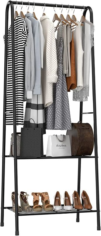 Photo 1 of Clothing Garment Rack, Coat Organizer Storage Shelving Unit, Entryway Storage Shelf with 2-Tier Metal Shelf, Black NEW 