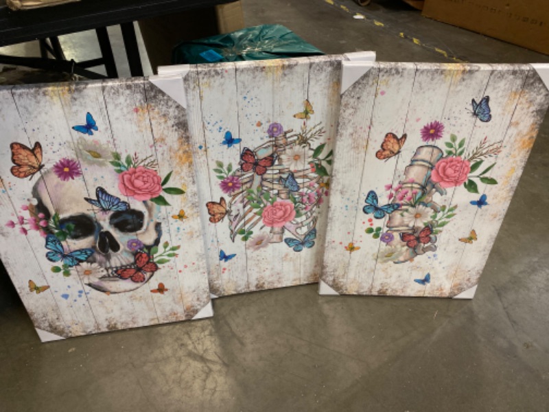 Photo 1 of OuElegent 3 Piece Skull Wall Art Canvas Sugar Skull Colorful Flowers Butterfly Painting Gothic Theme Skeleton Pictures Prints for Living Room Bedroom Decoration Framed Ready to Hang White NEW 