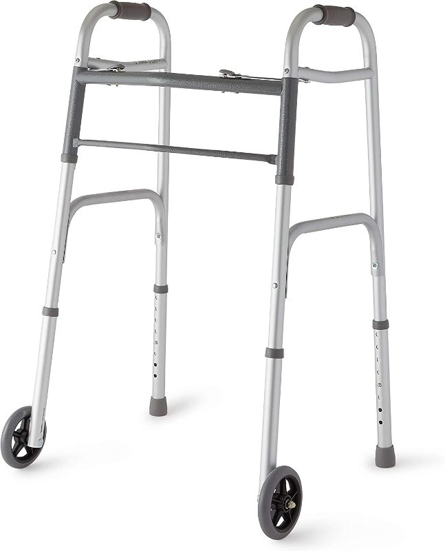 Photo 1 of Medline Two-Button Folding Walker with Wheels, Metallic, 1 Count NEW 