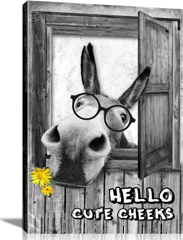 Photo 1 of Framed Farmhouse Bathroom Wall Art Donkey Poster Funny Donkey Pictures for Wall Rustic Canvas Print Black and White Painting picture Animal Wall Décor Country Vintage Artwork for Living Room edroom Office Hotel Modern Home 24x36inch NEW 