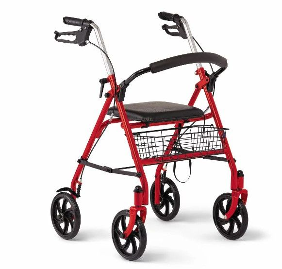 Photo 1 of Medline Standard Steel Folding Rollator with 8" Wheels, with Locking Brakes, Red Frame NEW 