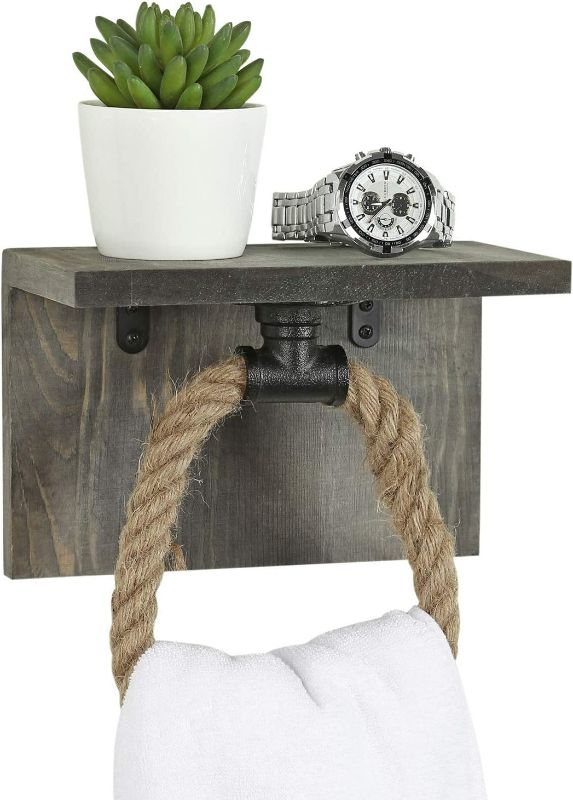 Photo 1 of MyGift Industrial Rope Hand Towel Ring for Bathroom with Vintage Gray Wall Mount and Display Shelf, Rustic Towel Holder NEW