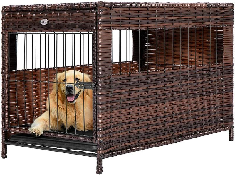 Photo 1 of DEStar Heavy Duty PE Rattan Wicker Pet Dog Cage Crate Indoor Outdoor Puppy House Shelter with Removable Tray and UV Resistant Cover (Medium - 23" W x 35" H) 