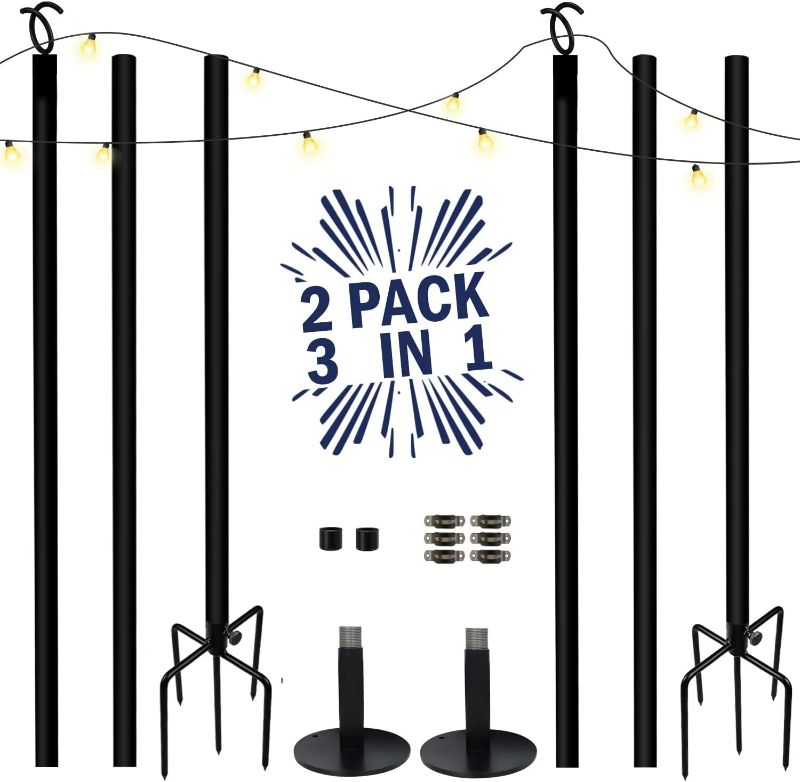 Photo 1 of 2 Pack 9ft String Light Poles with Upgrade Hooks, Premium 3 Functions Steel Lighting Pole - with Sturdy 5-Prong Fork and Metal Base, Poles for Outdoor String Lights - Party, Deck, Wedding Decorations NEW